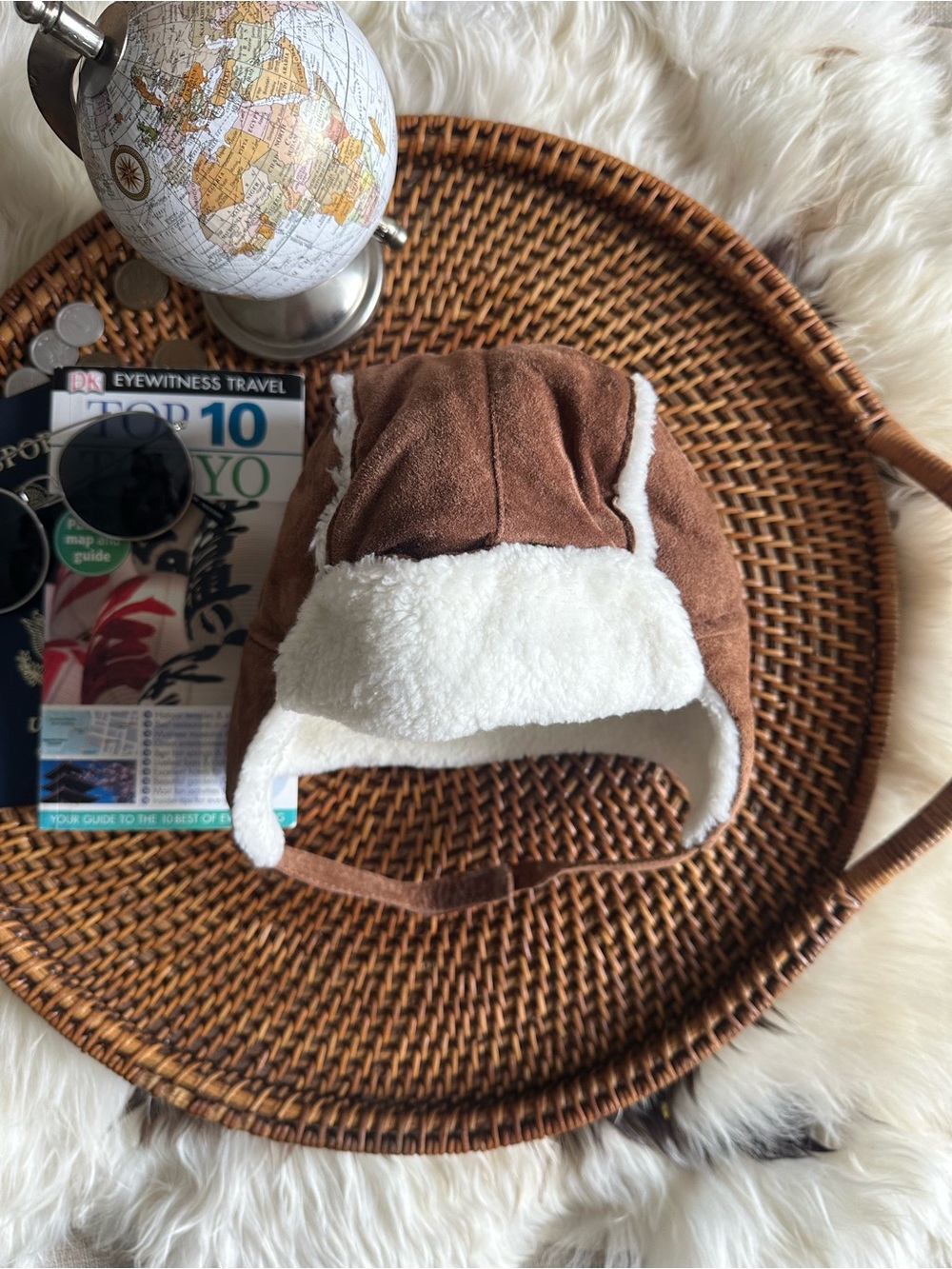 Janie & Jack Kids Brown Leather Suede Trapper Hat with Sherpa Lining 12-18M